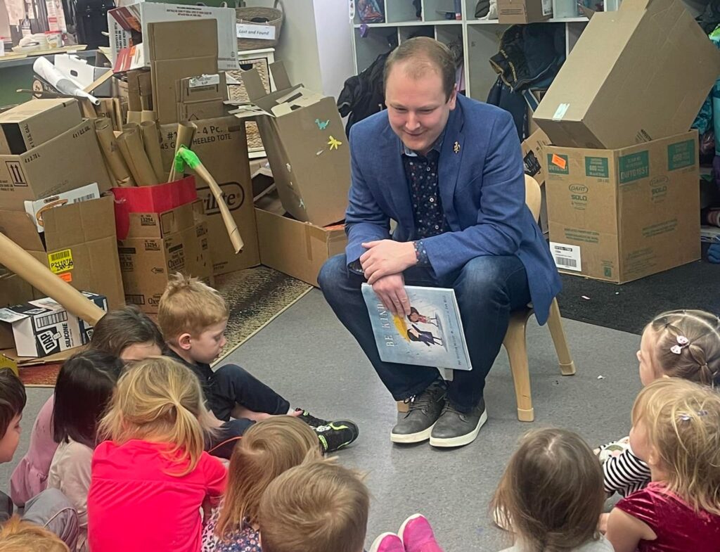 MLA Grant Jackson at a Spruce Woods school